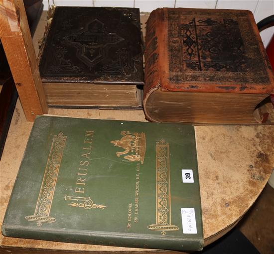 2 leather bound bibles and a book on Jerusalem